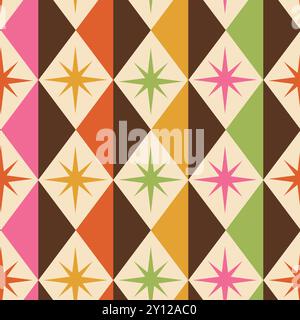 Mid Century Geometric Harlequin diamonds with atomic starbursts seamless pattern in green, orange, pink, mustard yellow with dark brown. Stock Vector