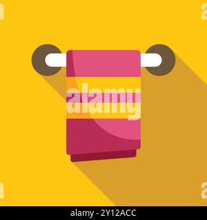 Clean striped towel hanging on a round hanger on a yellow background, perfect for hygiene and bathroom concepts Stock Vector