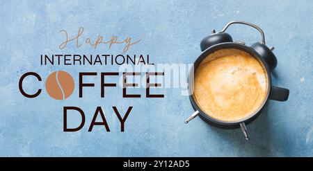 Banner for Happy International Coffee Day with hot brewed beverage in cup and alarm clock Stock Photo