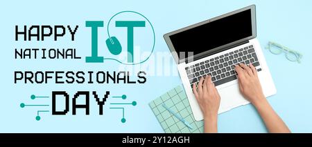 Banner for Happy National IT Professionals Day with female hands using laptop Stock Photo
