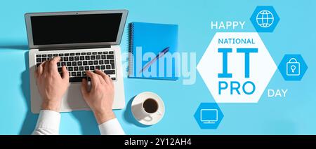 Banner for Happy National IT Professionals Day with male hands using laptop Stock Photo