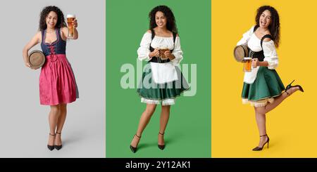 Set of happy African-American woman with beer on color background. Octoberfest celebration Stock Photo