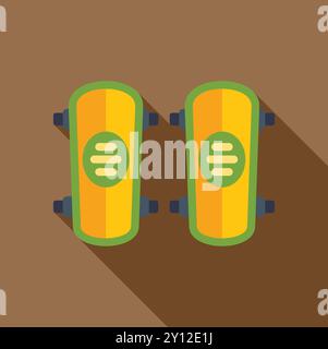 Pair of yellow and green skateboards, viewed from above, casting a long shadow on a brown background Stock Vector