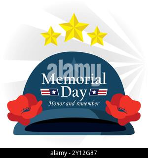 Memorial Day helmet with stars and poppies in flat design Vector Stock Vector