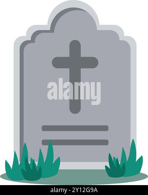 Gray tombstone with cross and grass in flat design Vector Stock Vector