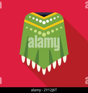 Green poncho with yellow trim and white tassels for mexican party celebration icon in flat style on a red background Stock Vector