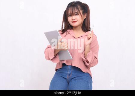 Business, finance and work, female successful entrepreneur concept. Professional stylish Asian businessman repair project using laptop standing innoce Stock Photo