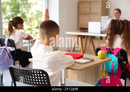 Little schoolboy raising his hand during lesson in classroom, back view ...