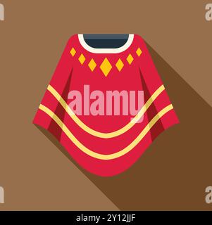 Red poncho with yellow stripes and diamonds hanging on brown background, in flat design with long shadow Stock Vector