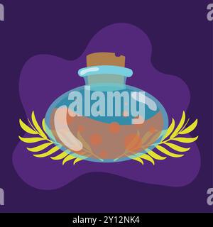 Potion bottle with glowing liquid on purple background Vector Stock Vector