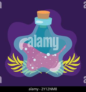 Potion bottle with glowing liquid on purple background Vector Stock Vector