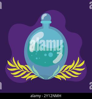 Potion bottle with glowing liquid on purple background Vector Stock Vector