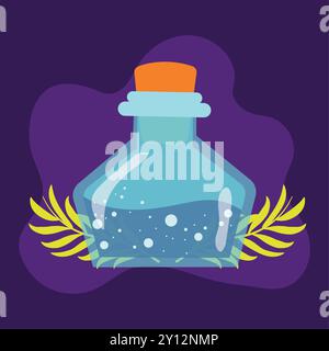 Potion bottle with glowing liquid on purple background Vector Stock Vector