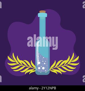 Potion bottle with glowing liquid on purple background Vector Stock Vector