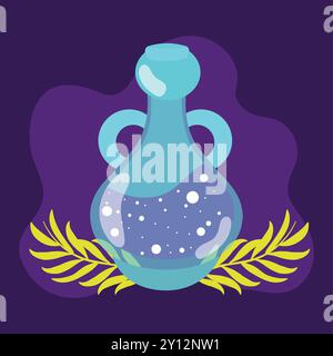 Potion bottle with glowing liquid on purple background Vector Stock Vector
