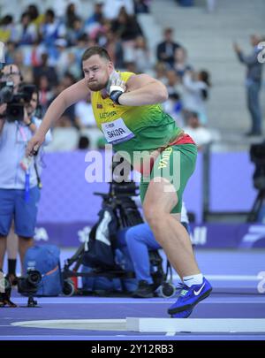 Andrius Skuja of Lithuania competing in the men’s F46 shot put final at ...