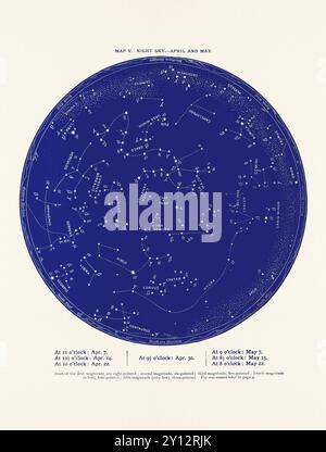 Constellations and Stars. Night Sky Map: April and May Stock Photo