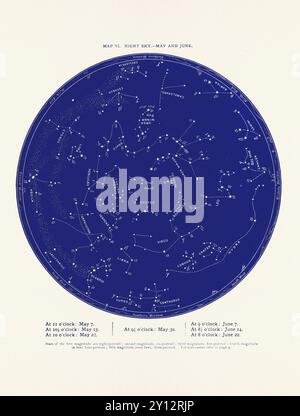 Constellations and Stars. Night Sky Map: May and June Stock Photo