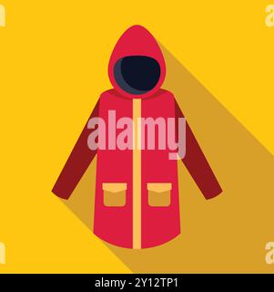 Flat design vector illustration of a red raincoat with hood, pockets, zipper and long sleeves, lying on a yellow background with a long shadow Stock Vector