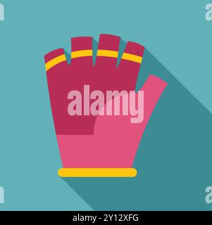 Pink fitness glove with yellow stripes icon in flat style with long shadow on a turquoise background Stock Vector