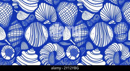 Modern coastal beach cottage rustic shell block print home decor pattern, Sealife banner style .Azure blue white shell motif with linen seamless batik Stock Photo