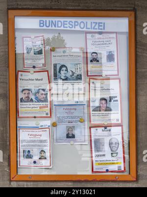 Police station of the Federal Police at the main railway station, display case with current wanted posters for criminals, terrorists, wanted posters, Stock Photo