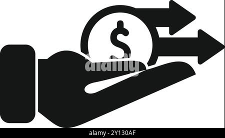 Black and white vector illustration of a hand holding a dollar coin with two arrows pointing up, depicting investment and financial growth Stock Vector