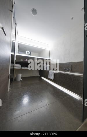 Modern bathroom with large shower, bathtub and illuminated mirror, Mayrhofen, Zillertal, Austria, Europe Stock Photo