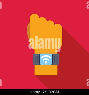 Hand wearing smart watch showing wifi connection symbol on red background Stock Vector