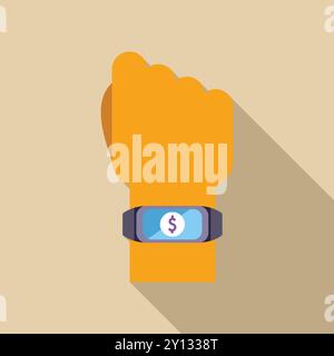 Hand wearing a smartwatch showing dollar sign on screen, in flat design with long shadow Stock Vector