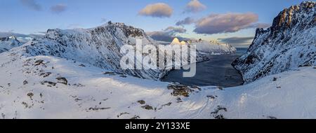 Aerial view of Bergen by the sea, coast, fjord, panorama, morning light, winter, snow, Senja, Troms, Norway, Europe Stock Photo