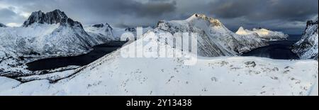 Aerial view of Bergen by the sea, coast, fjord, panorama, morning light, winter, snow, Senja, Troms, Norway, Europe Stock Photo