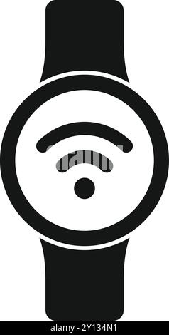 Black and white vector illustration of a smartwatch showing wifi icon connecting to internet network Stock Vector