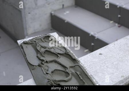 Tiler hands working on a new house entrance, local and professional handyman applying tiles to the steps Stock Photo