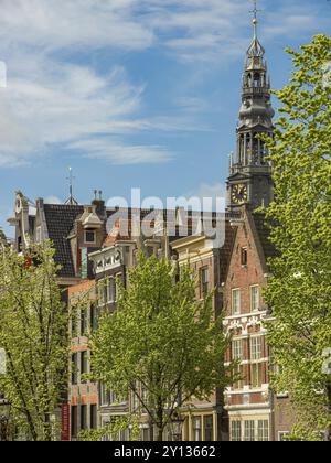 A church tower and old buildings surrounded by green trees under a blue and slightly cloudy sky, Amsterdam, Netherlands Stock Photo