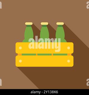 Three beer bottles standing in wooden crate for storage or delivery with long shadow on brown background Stock Vector