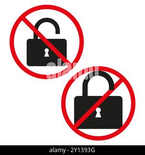 Locked and unlocked padlock icon. No access symbol. Red prohibition circle. Vector security symbol. Stock Vector