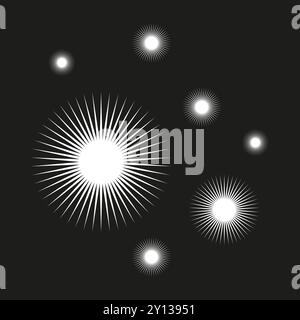 Radiating starburst shapes. Bright white rays. Symmetrical light bursts. Vector abstract pattern. Stock Vector