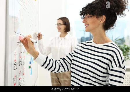 Developing UI design. Women drawing website wireframe on whiteboard indoors Stock Photo