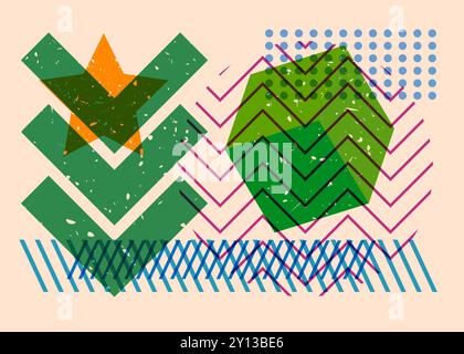 Artistic object in trendy riso graph design. Colorful geometric shapes. Geometry elements abstract risograph print texture style. Stock Vector