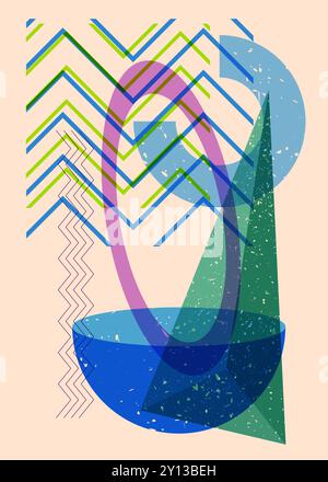 Artistic object in trendy riso graph design. Colorful geometric shapes. Geometry elements abstract risograph print texture style. Stock Vector