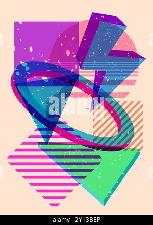 Artistic object in trendy riso graph design. Colorful geometric shapes. Geometry elements abstract risograph print texture style. Stock Vector