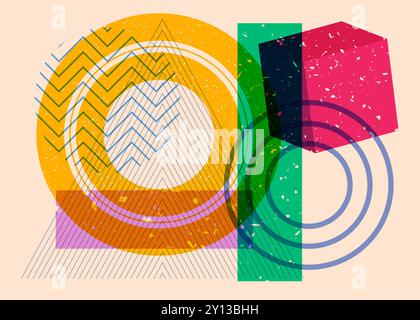 Artistic object in trendy riso graph design. Colorful geometric shapes. Geometry elements abstract risograph print texture style. Stock Vector