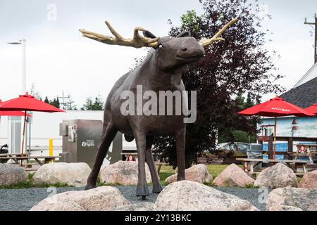 Sculpture of Morris the Moose at Irving Oil Big Stop in Goobies, Newfoundland & Labrador, Canada Stock Photo