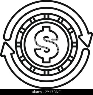 This icon represents the concept of money turnover in a casino with a casino chip and arrows Stock Vector