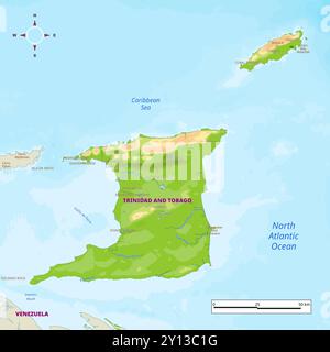 Trinidad and Tobago physical map with national borders, rivers and lakes, mountains, parks, labeling Stock Vector
