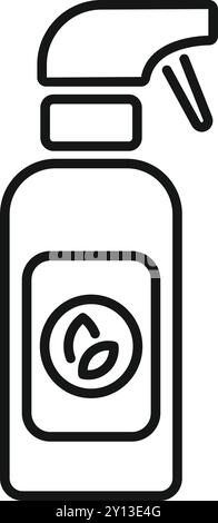 Simple and modern black and white line drawing of a cleaning spray bottle with a leaf symbol, suggesting natural ingredients Stock Vector