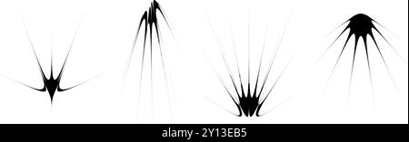 Black thin spiky thorn element set. Abstract sharp shapes and angular twinkles bundle. Futuristic spoke objects for poster design, collage, banner, badge, logo, card, icon, label, sticker. Vector Stock Vector