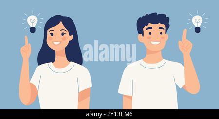Man and Woman with Lightbulb Idea Sign. Great Idea Concept. Characters with Lightbulb Overhead. Young Smiling People Having a Good Idea. Flat Cartoon Stock Vector
