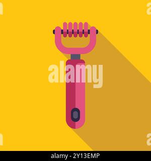Simple icon of a pink vegetable peeler, a useful kitchen utensil for peeling vegetables, with a long shadow on a yellow background Stock Vector